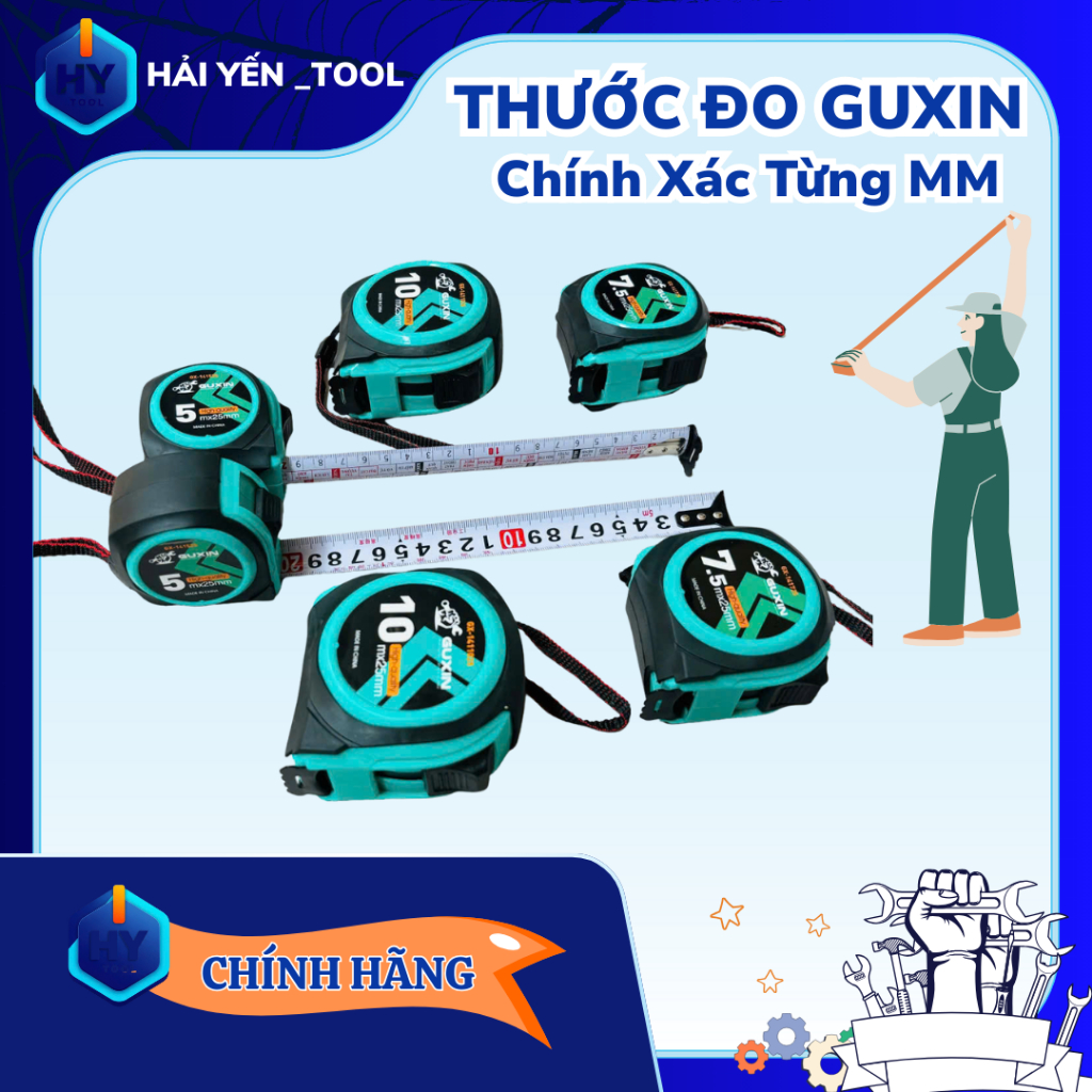 Combo 6 Thước Cuộn GUXIN Bọc Cao Su Chống Vỡ – 5m/7.5m/10m – Loại 1 Mặt & 2 Mặt