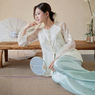 TUBYCATU Áo Ngọc Vân Kiểu Truyền Thống Vải Tơ Organza Thêu Hoa