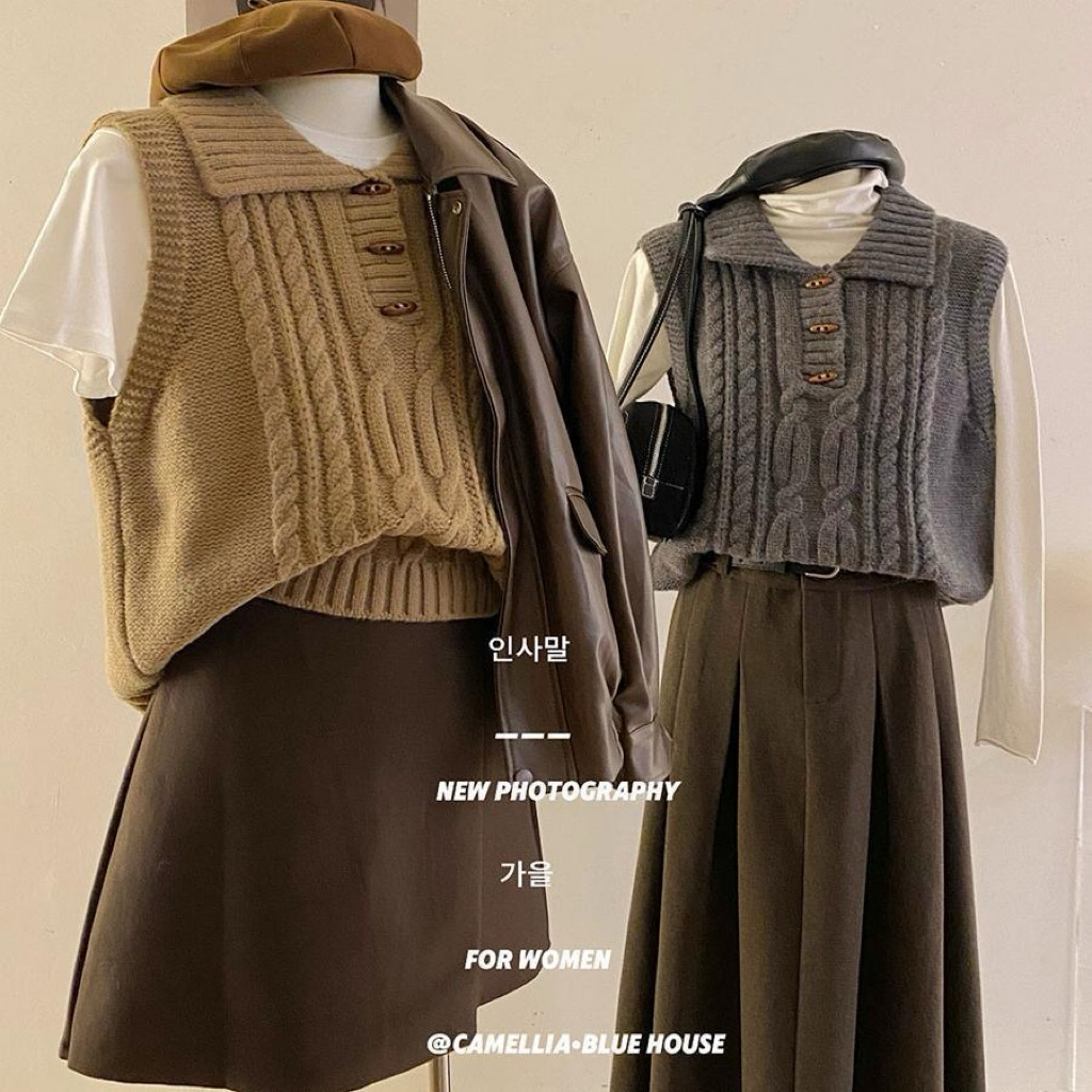 【Sẵn nâu-Ảnh Thật Cuối】 Áo Gile Nữ Cổ bẻ Khuy Gỗ Cài ,Áo GiLe Nữ Kiểu Mới Phong Cách Hàn