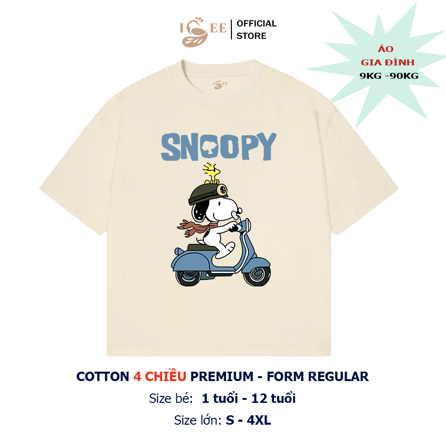 (Có áo người lớn) áo thun snoopy, áo phông hoạt hình snoopy, áo thun cho bé trai, bé gái mềm mịn, th