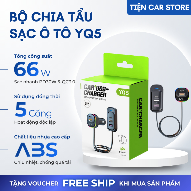 Bộ Chia Tẩu Sạc Nhanh Ô Tô YQ5 66W | Hỗ Trợ PD 66W & QC 3.0, 3 Cổng USB + 2 Cổng Type-C