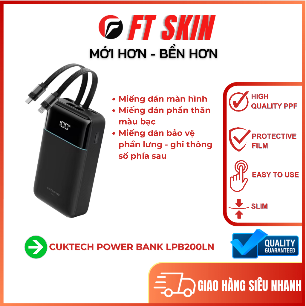 Miếng dán PPF chống trầy xước cho Cuktech LPB200NL 20000mAh có 2 dây sạc đi kèm - FT skin