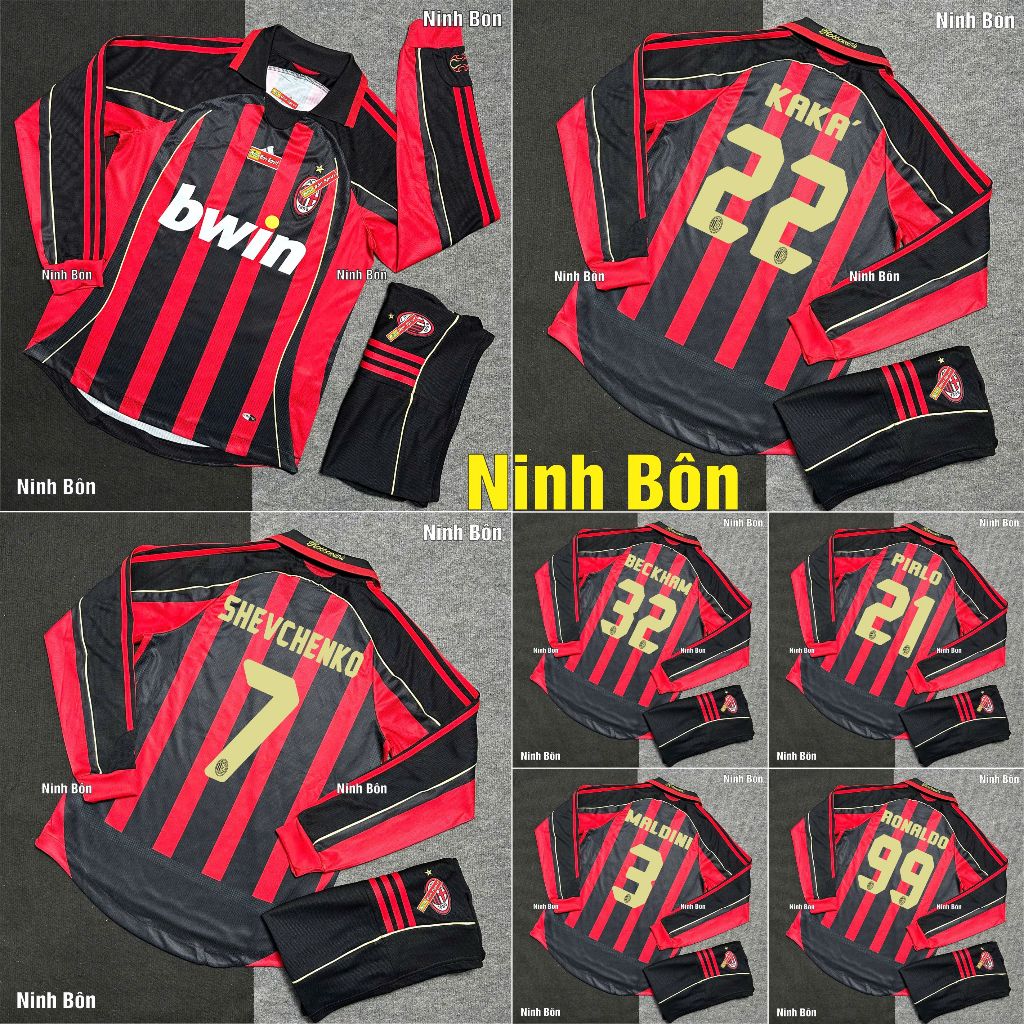 Bộ Quần Áo Bóng Đá Dài Tay CLB AC MILAN Phong Cách Retro Sân Nhà 2007 - Vải Polyester Thái Cao Cấp