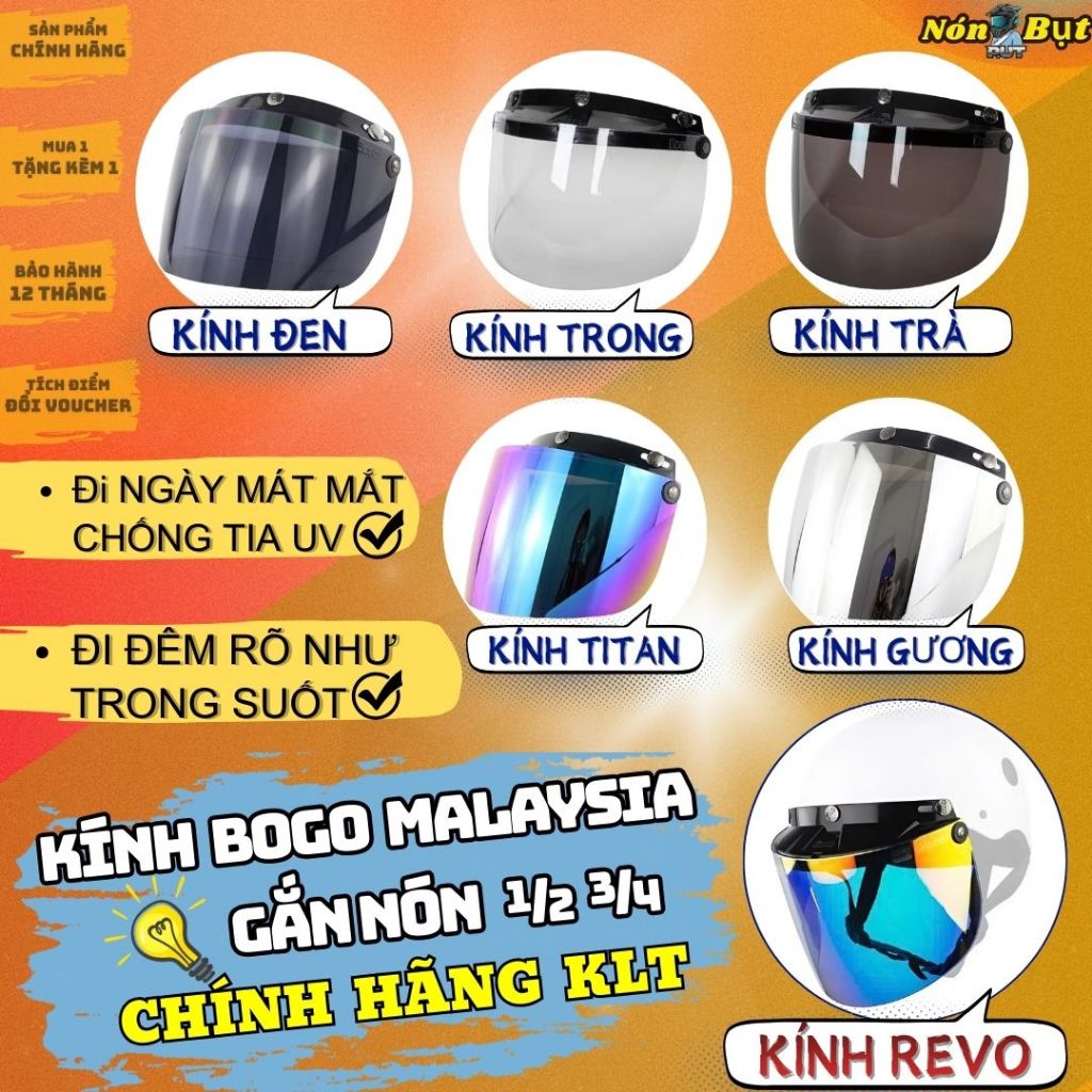 Kính Gắn Mũ Nón 3 Chốt Bogo KLT Malaysia Gắn Nón 3/4, 1/2 Chính Hãng Đủ Màu Che Hết Mặt Có Thể Gập Lên Xuống Được.