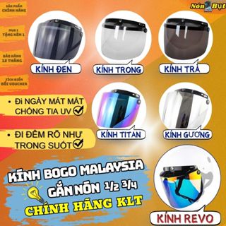 Kính Gắn Mũ Nón 3 Chốt Bogo KLT Malaysia Gắn Nón 3/4, 1/2 Chính Hãng Đủ Màu Che Hết Mặt Có Thể Gập Lên Xuống Được.