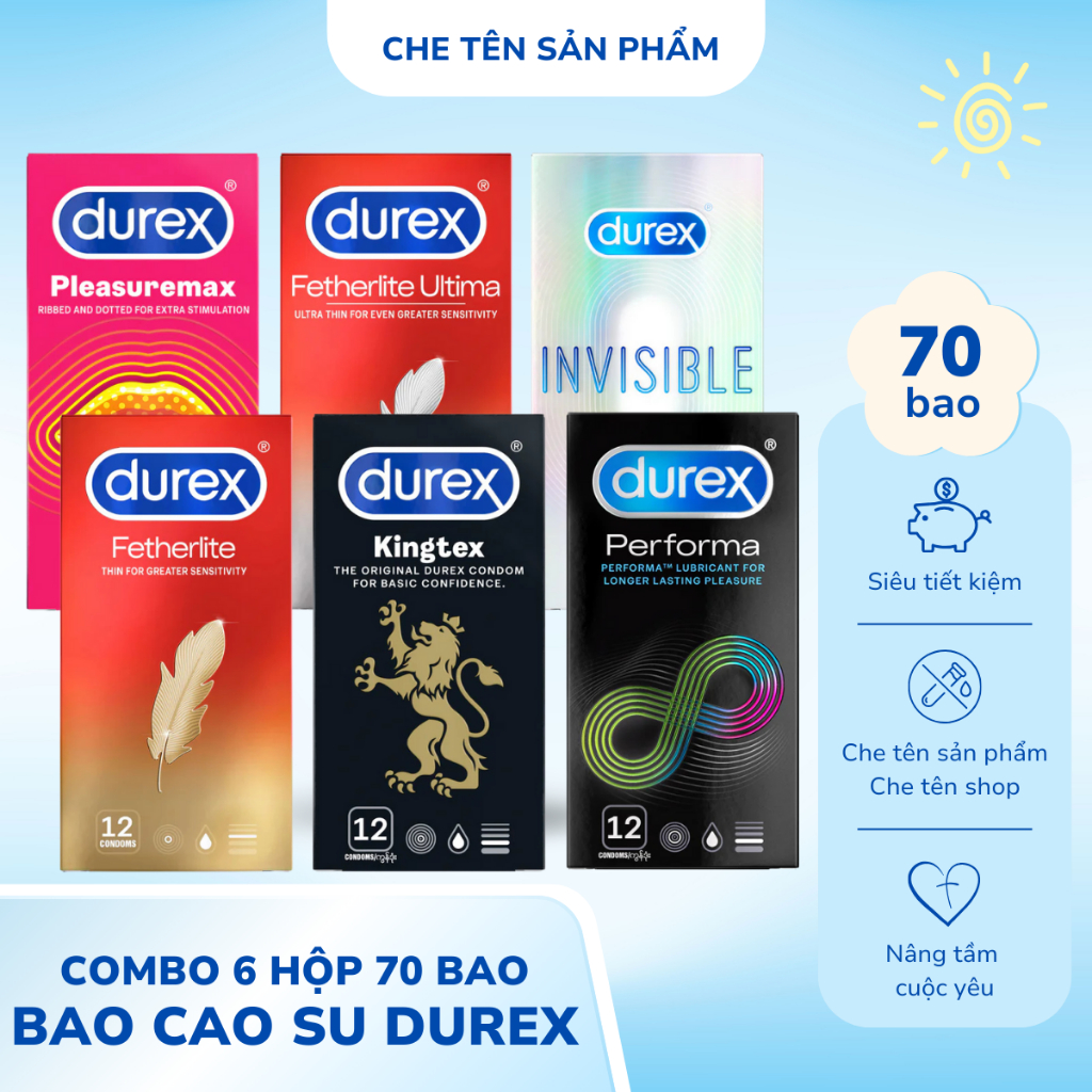 Combo 6 hộp bcs Durex 70 cái, Bao Cao Su Durex Performa Kéo Dài, Invisible, Kingtex, Pleasuremax gai