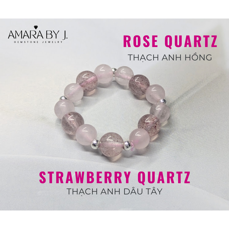 [Amara by J] Nhẫn đá tự nhiên dây chun co giãn TA hồng Rose quartz & TA dâu tây Strawberry quartz