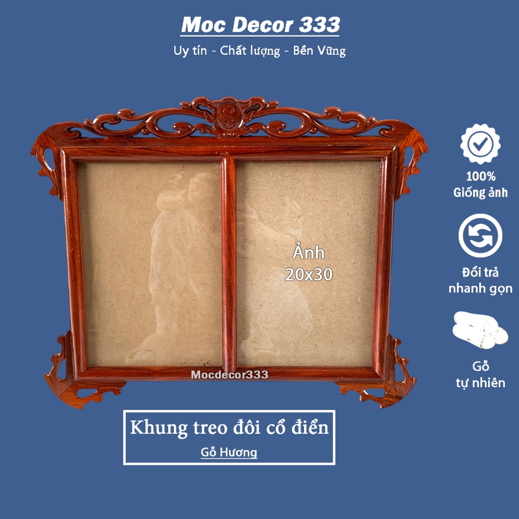 Khung ảnh đôi HLT treo tường thờ gia tiên gỗ hương đá không cong vênh - Khung thờ đôi 20x30