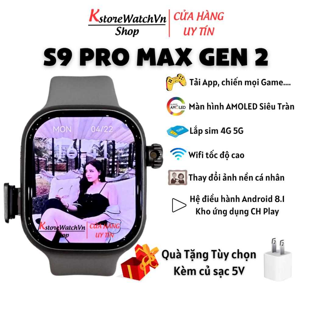 Đồng Hồ Thông Minh Android Lắp Sim 4G S9 Pro Max Màn Hình AMOLED Siêu Tràn WIFI Tải APP