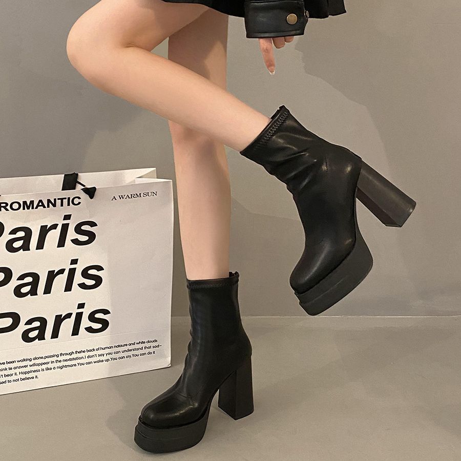 Bốt nữ cao cổ đế kép 10cm lót lông da mềm khóa sau ôm chân, giày boot nữ mũi vuông tôn dáng dễ phối đồ, Lisa M20