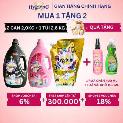 Combo 3: 2 Can Nước Giặt 2,0kg + 1 Túi Nước Giặt 2,6kg HygienC Plus Đậm Đặc Hương Nước Hoa