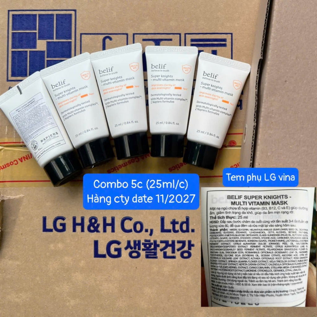(COMBO 5c MINI 25ml, K hộp, DATE 11/2027) Mặt Nạ Ngủ Dưỡng Sáng Da Dạng Tuýp Belif Super Knight Mult