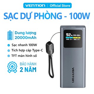  Sạc Dự Phòng 20000mAh 100W Vention PD3.0 Màn Hình TFT  Hiển Thị Thông Số Có Sẵn Cáp USB-C 