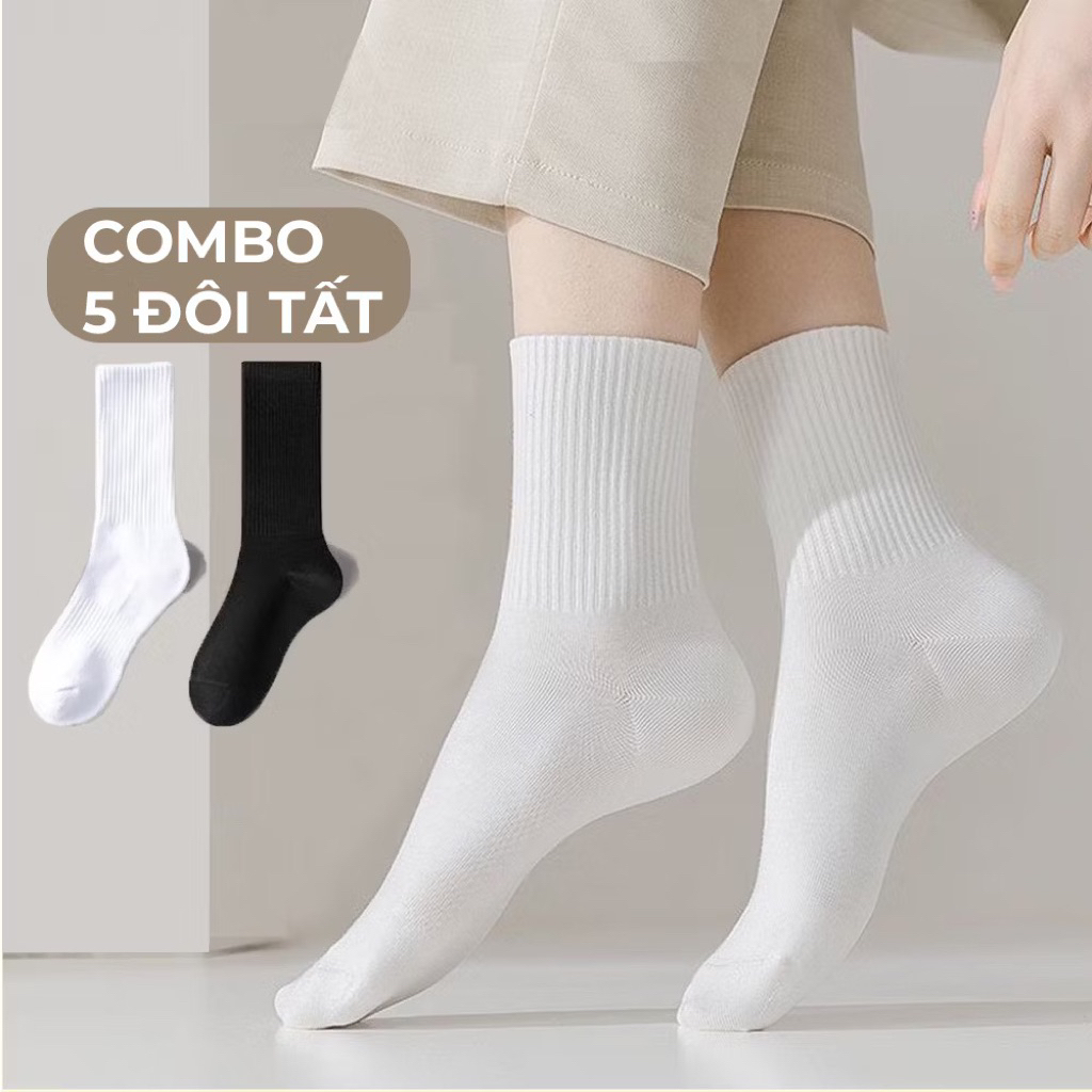 Set 5 Đôi Tất Vớ Nam Nữ Cổ Cao Cổ trung lửng ngắn chất liệu cotton