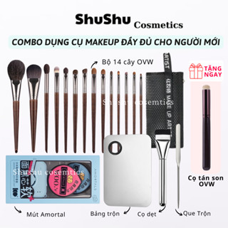   COMBO  Bộ Dụng Cụ Makeup Cơ Bản Cao Cấp Đầy Đủ Bộ Cọ 14 Cây Mút Amortals Khay Tán Nền Và Cọ Dẹt SHUSHU COSMETCS 