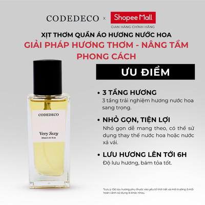 Xịt thơm quần áo hương nước hoa CODEDECO 30ml với 3 tầng hương, lưu hương lên tới 6h