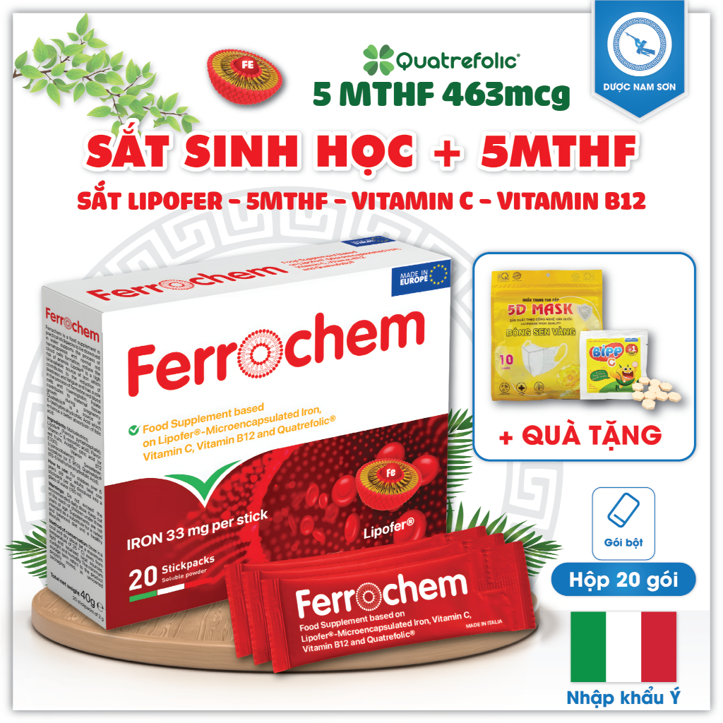 [CHÍNH HÃNG] Ferrochem (Italy) Sắt Sinh Học Lipofer, 5MTHF (Acid Folic) Cho Mẹ Bầu, Người Thiếu Máu,