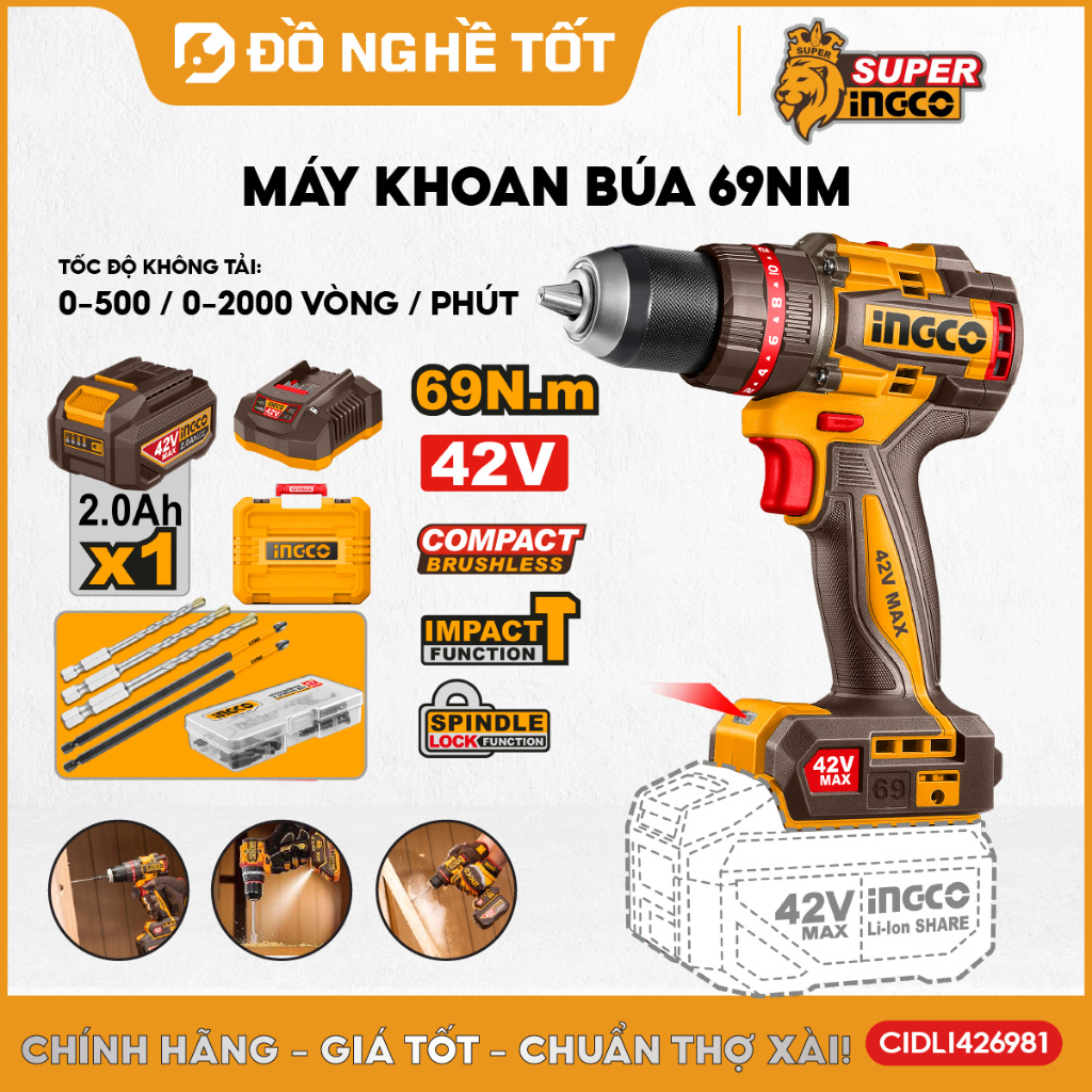 Máy khoan búa không chổi than, hệ pin 42V max INGCO CIDLI426981, KHOAN TƯỜNG, GỖ, KIM LOẠI, SIẾT VÍT