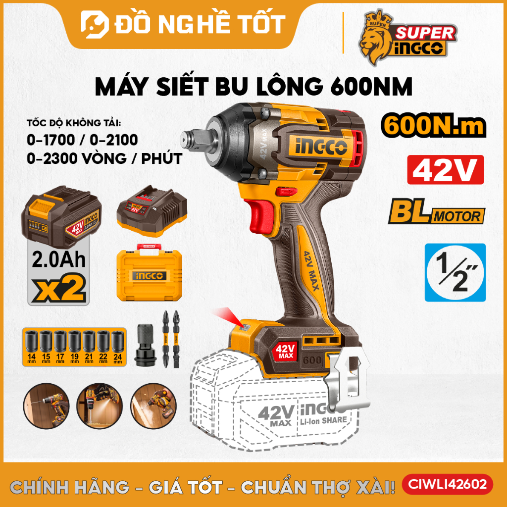 Máy siết bu lông motor không chổi than 600NM, hệ pin 42V max INGCO CIWLI42602