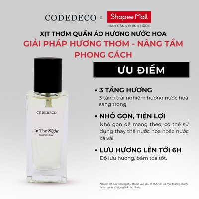 Xịt thơm hương nước hoa CODEDECO In The Night 30ml Ngọt ngào, Nồng nàn từ Tiêu hồng, Vanilla và Bồ đề
