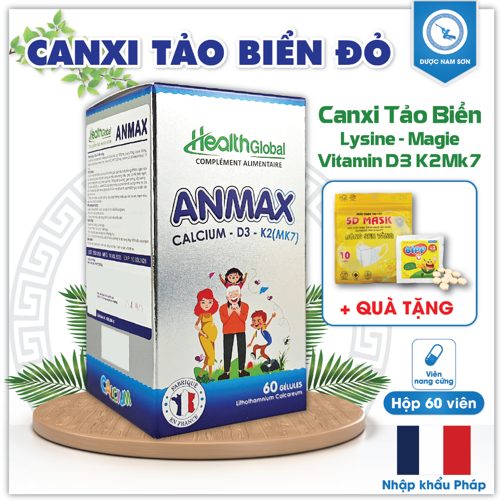 [CHÍNH HÃNG] ANMAX (Pháp) Health Global  Canxi Hữu Cơ Tảo Biển Đỏ Giúp Xương Chắc Khỏe, Ngừa Loãng X