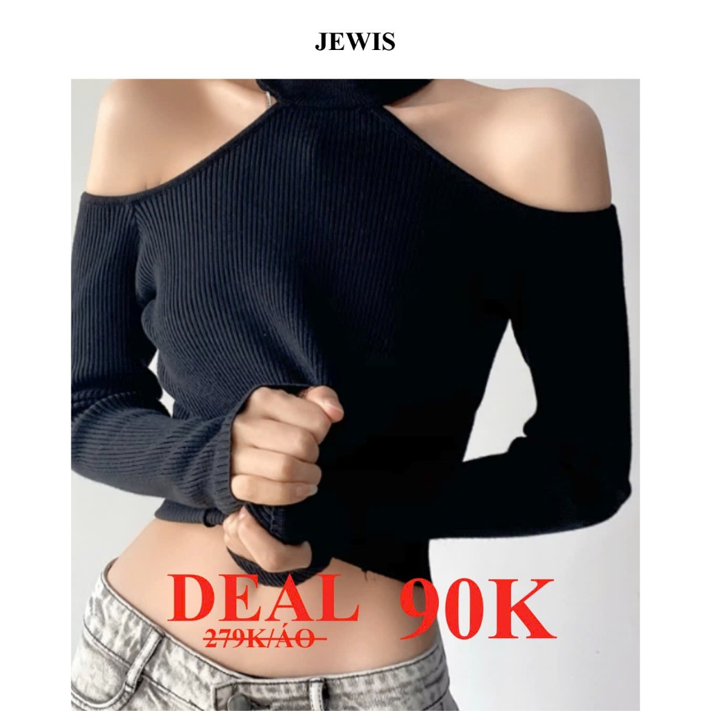 [SALE SHOCK] Áo Croptop Len Tăm Dài Tay Jewis Phối Dây Hở Vai Cổ Yếm Cá Tính - J462