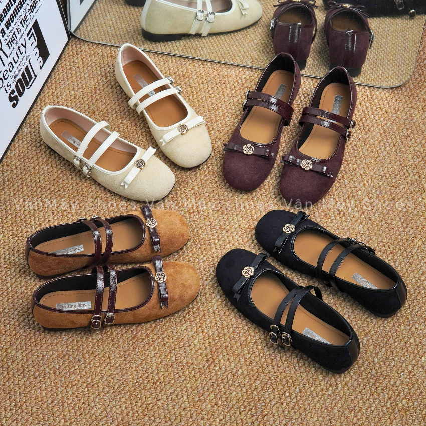 Giày Bệt Búp Bê Nữ Da Lộn Mix Da Lỳ Phối Nơ Hoa Trà Xinh Hàng Cao Cấp (VM-MJ07)
