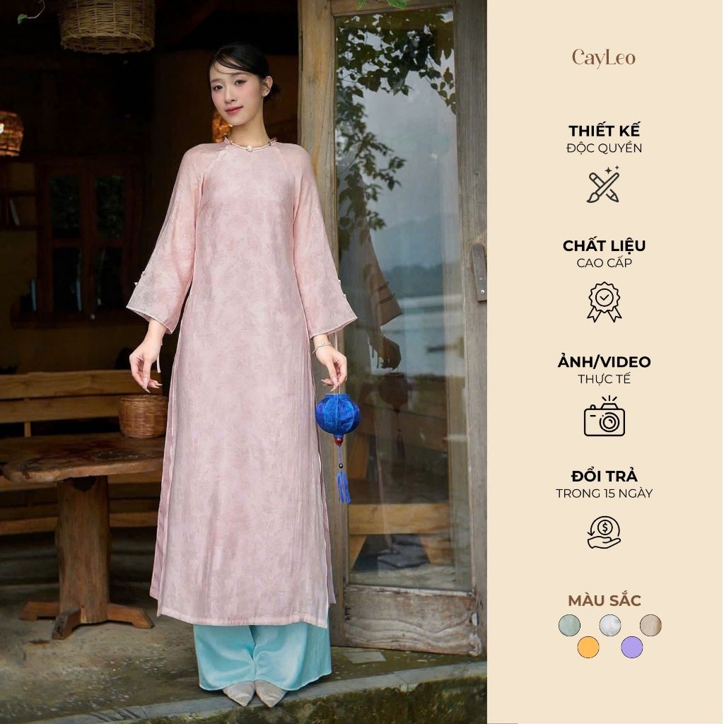 [KOL] Áo dài cách tân nữ tết dáng suông cổ tròn tay dài tơ crep Vỹ Bình CayLeo Design - AD839
