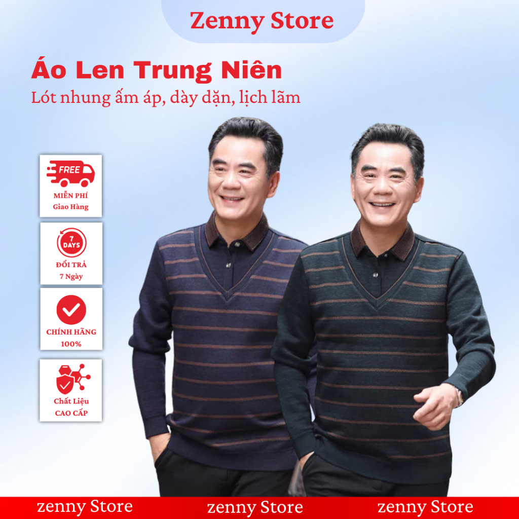 Áo len nam trung niên ZENNY lót nỉ nhung ấm áp phối cổ sơ mi cao cấp, áo len dày dặn lịch lãm tặng b