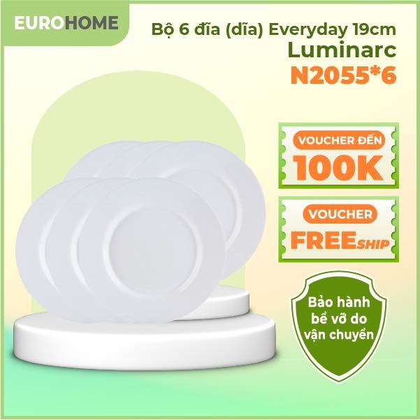 Bộ 6 đĩa(dĩa) thủy tinh nông lòng Luminarc Everyday 19cm N2055, dùng an toàn cho lò vi sóng và máy r