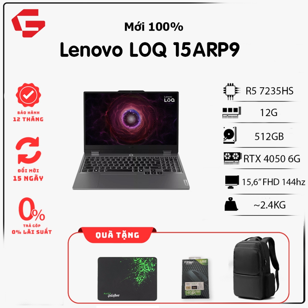[Full VAT] Laptop Lenovo LOQ 15ARP9 (R5-7235HS | 12GB | 512GB | RTX 4050 6GB | 15.6" FHD 144Hz)