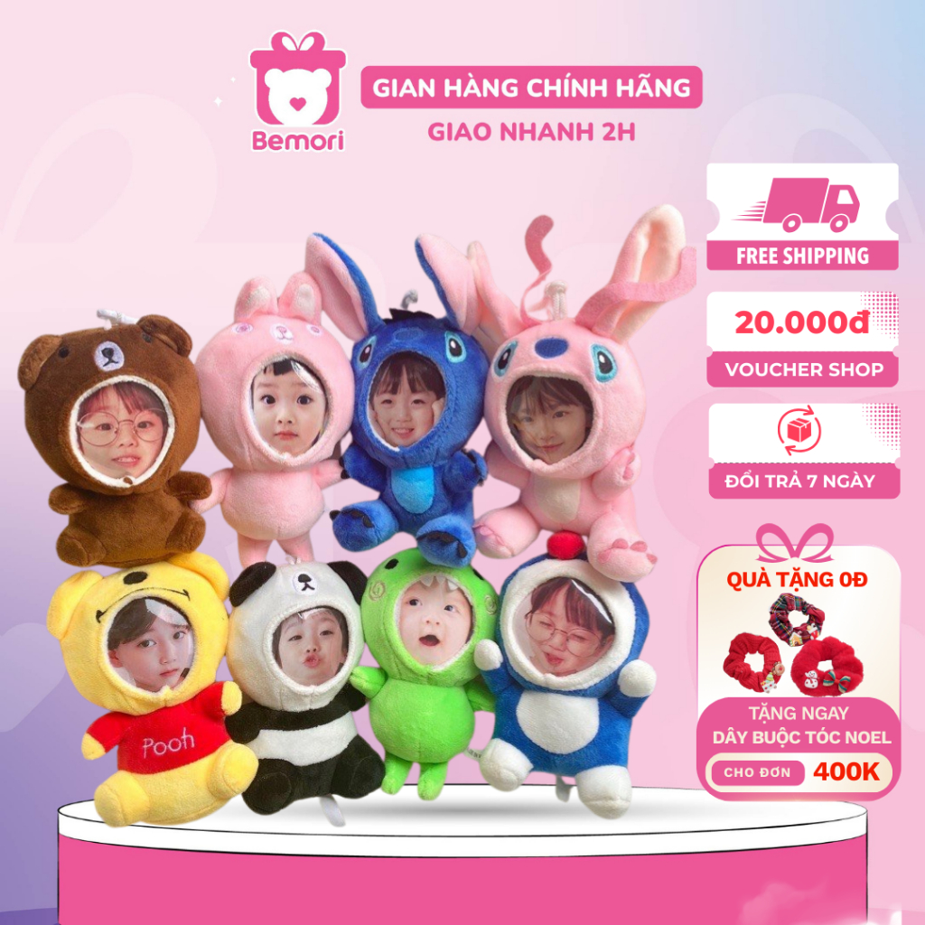 Gấu bông in ảnh cao cấp, Móc khóa gấu bông ghép mặt quà tặng cặp đôi, bạn thân Bemori