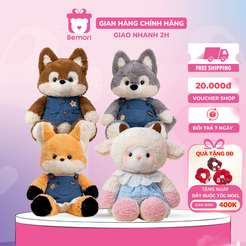 Gấu bông yếm váy Bemori thú nhồi bông sói xám cáo cam gấu nâu mềm mịn cao cấp