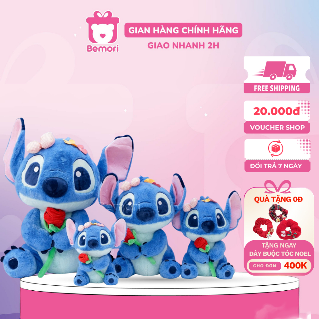 Gấu Bông Stitch Cầm Hoa BEMORI Thú Nhồi Bông Stitch Đáng Yêu Vải Lông Mềm Mại Cao Cấp
