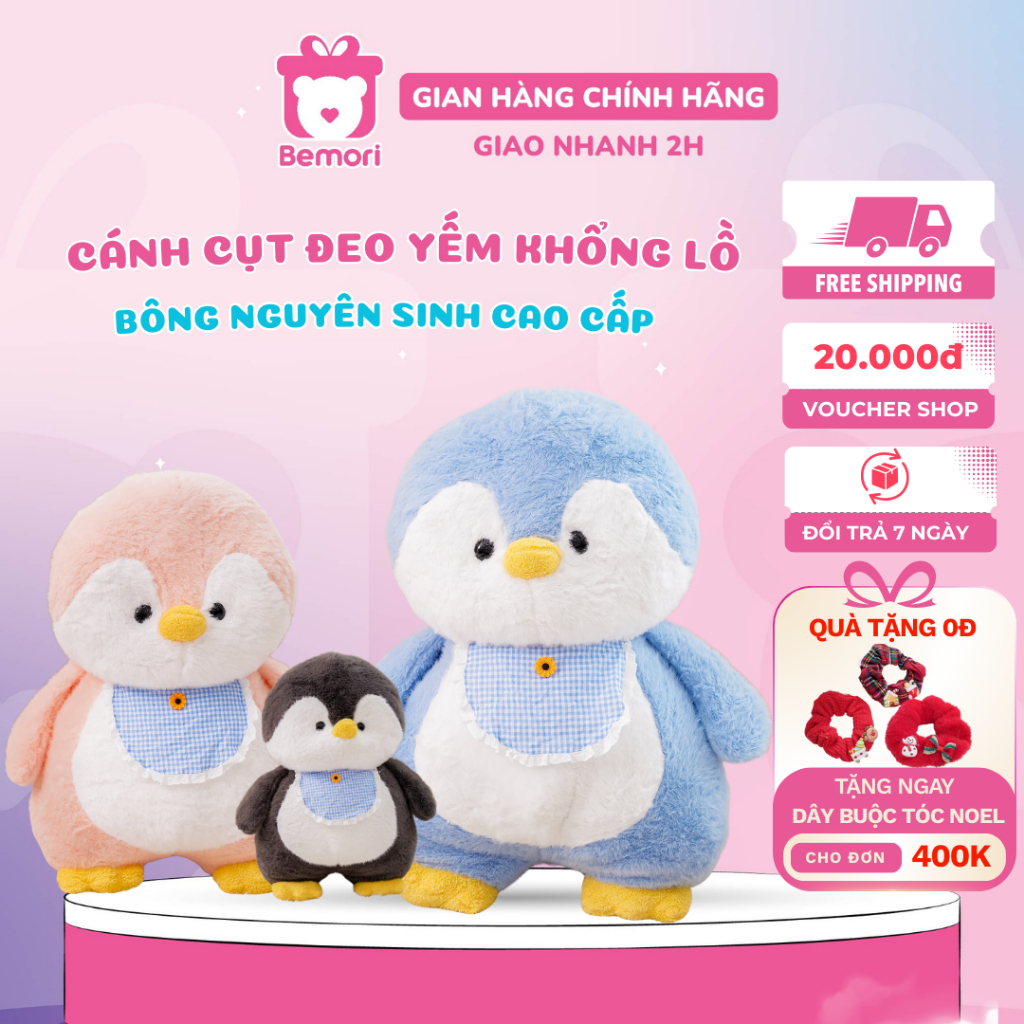 Gấu bông cánh cụt đeo yếm Bemori thú bông chim cánh cụt lông xù dễ thương cao cấp