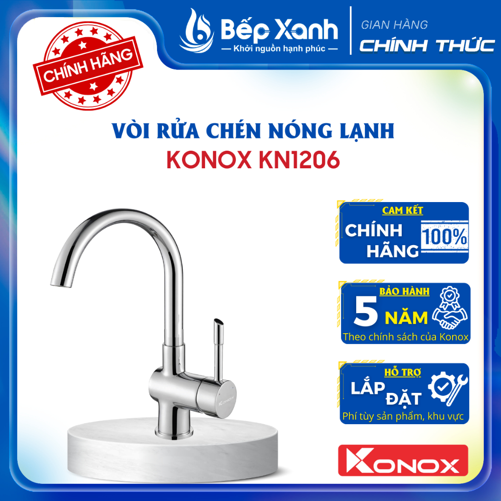 [CHÍNH HÃNG] Vòi Rửa Chén Nóng Lạnh Konox KN1206 - Cao 357.5mm - Bảo hành chính hãng 5 Năm
