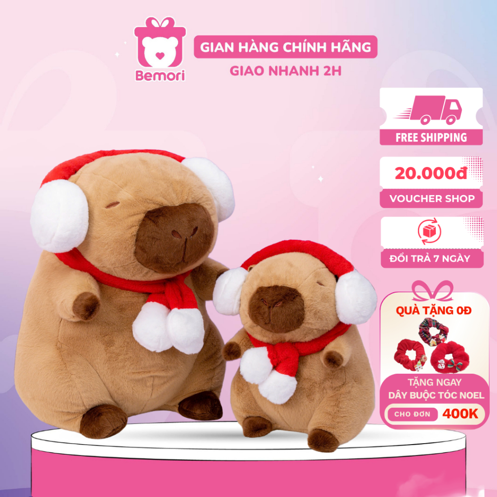 Gấu bông capybara đeo tai nghe quàng khăn Bemori thú nhồi bông capybara giáng sinh noel cao cấp
