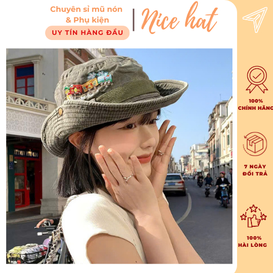 Mũ cao bồi nam nữ có dây thêu đoàn tàu phong cách cá tính Hàn Quốc, nón tai bèo thời trang - M116