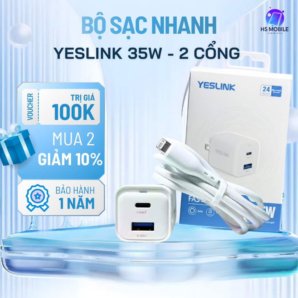Bộ sạc nhanh 2 cổng Yeslink 35w kèm dây dù cho ip xs 11 12 13 14 max