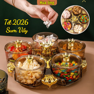  Khay đựng Mứt Tết bánh kẹo 5 hũ tròn bộ khay mứt tết nhựa có nắp đậy cao cấp sang trọng - Huajing 