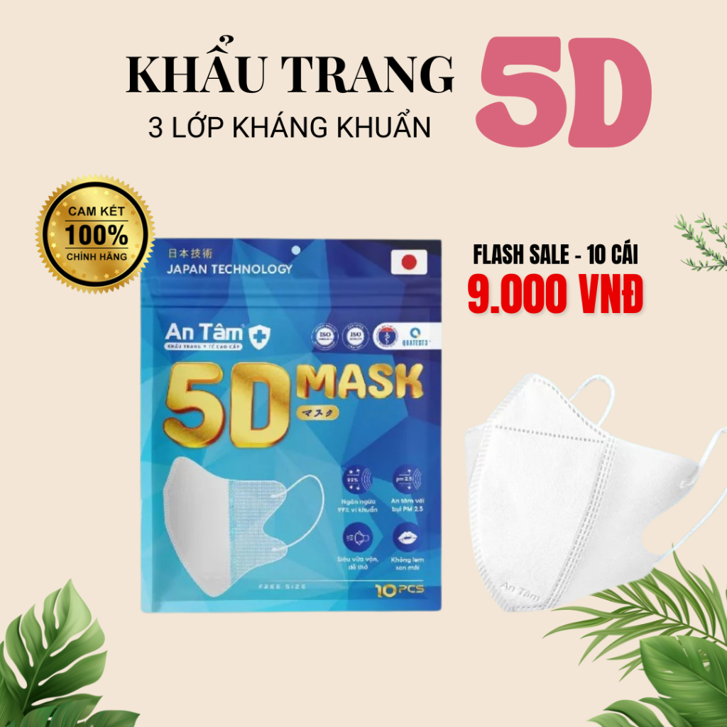 [COMBO 50/40/30/20/10] Khẩu Trang 5D An Tâm Kháng Khuẩn 3 Lớp (10 Chiếc/Túi) - Chính Hãng