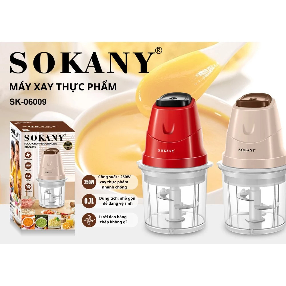 Máy xay thực phẩm đa năng công suất 250W SOKANY Xay thịt cá, xay đá, Xay rau củ quả. Máy xay tiện dụng, lưỡi dao sắc bén