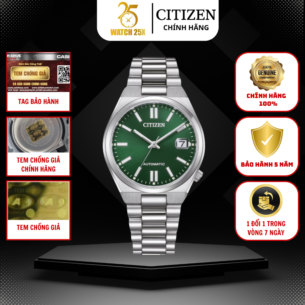 Đồng Hồ Nam Citizen NJ0200-50X Watch25x - Dây Tích Hợp Máy Cơ Lịch Ngày Mặt Xanh Vân Chải Tia