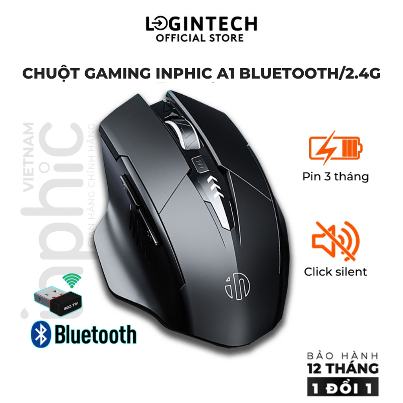 Chuột Bluetooth Không Dây Inphic A1 Thiết Kế Công Thái Học Chống Mỏi Tay Âm Click Client Im Lặng