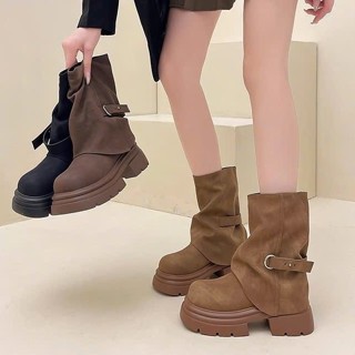 Giày bốt nữ nâu đen đế dày cao gót 4cm da trơn cao cấp phong cách đơn giản cá tính Giày SU SU GD069