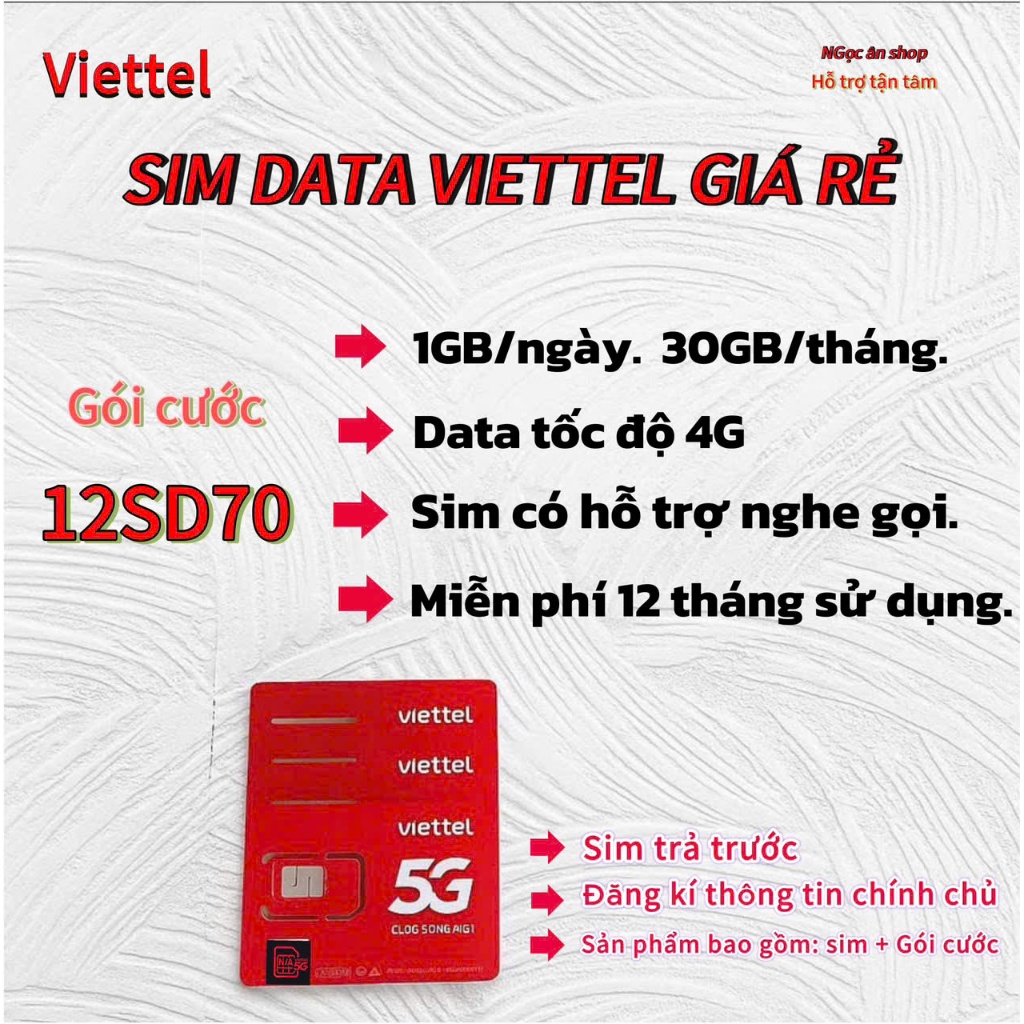 SIM 5G VIETTEL    12SD70.   [ 1GB DATA TỐC ĐỘ CAO MỖI NGÀY ].  [ MIỄN PHÍ 12 THÁNG SỬ DỤNG ].