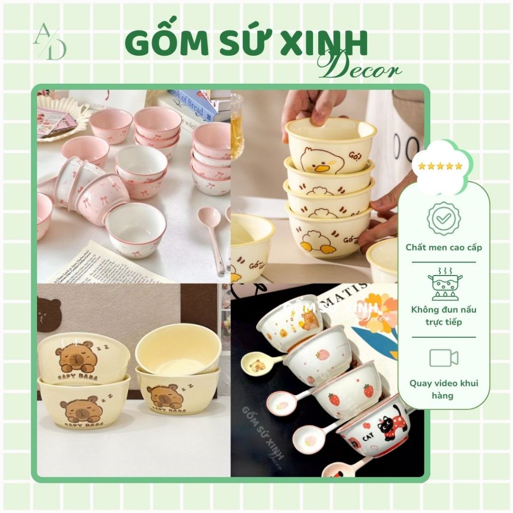Set 2 Chén 2 Muỗng Sứ Hình Họa Tiết Dễ Thương – Chén Ăn, Chén Sứ Hoạt Hình