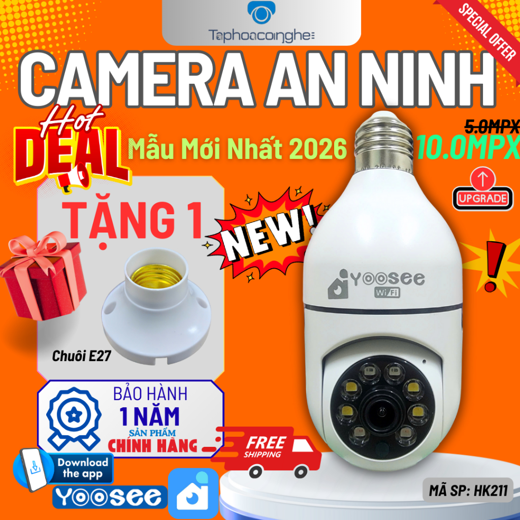 Mẫu Mới 2026 - Camera Yoosee Chui Bóng Đèn HK211 - 1 Mắt 10.0Mpx FullHD , thoại 2 chiều, xoay 360 độ, Máy Ảnh