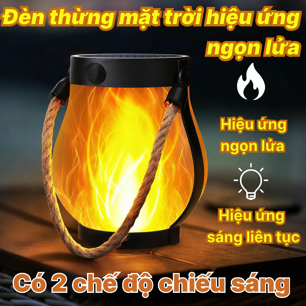 Đèn lồng dây thừng hiệu ứng lửa năng lượng mặt trời, Hiệu ứng lửa cháy thật, Dã ngoại, cắm trại, Đèn