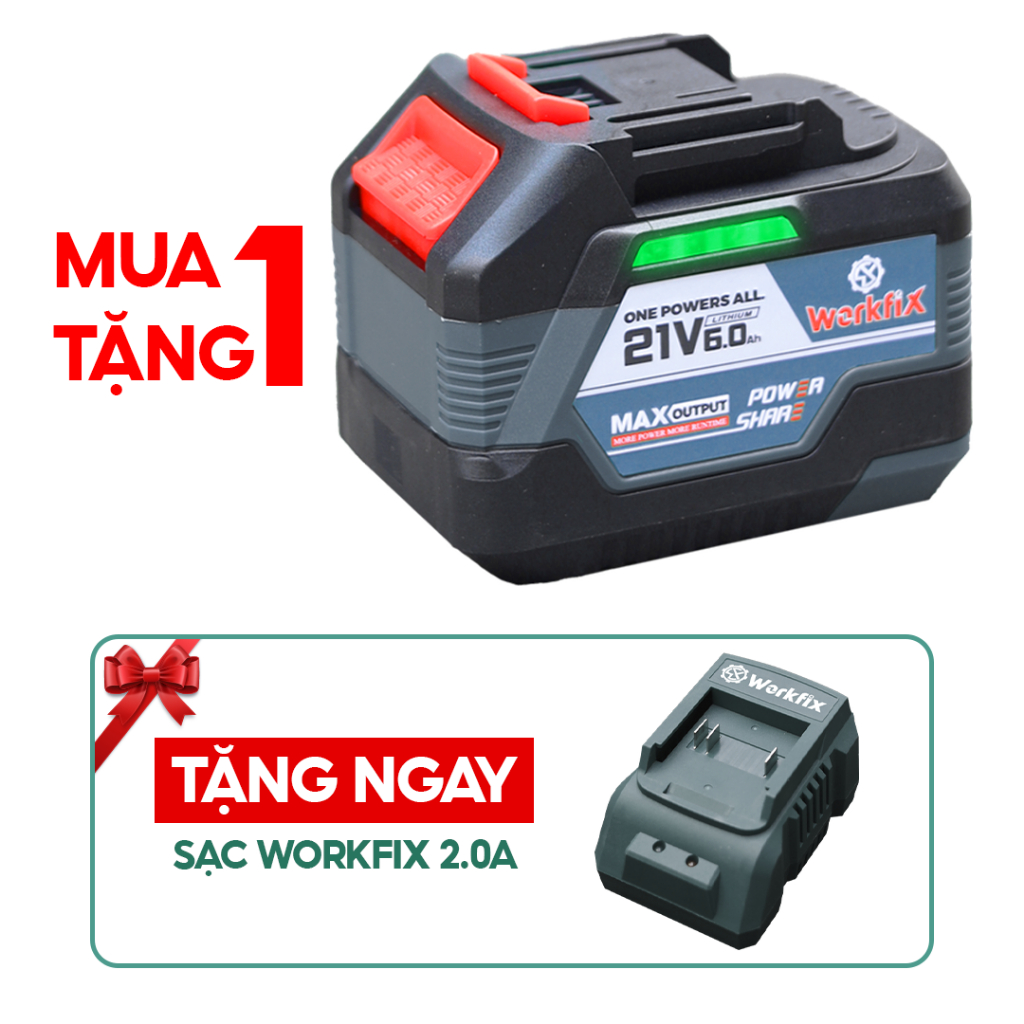 [Tặng Sạc Nhanh] Pin 15 Cell Workfix WF-BK6000PLUS, Mạch4 Mosfed, Dòng Xả Cao 10c, Đèn Báo Pin
